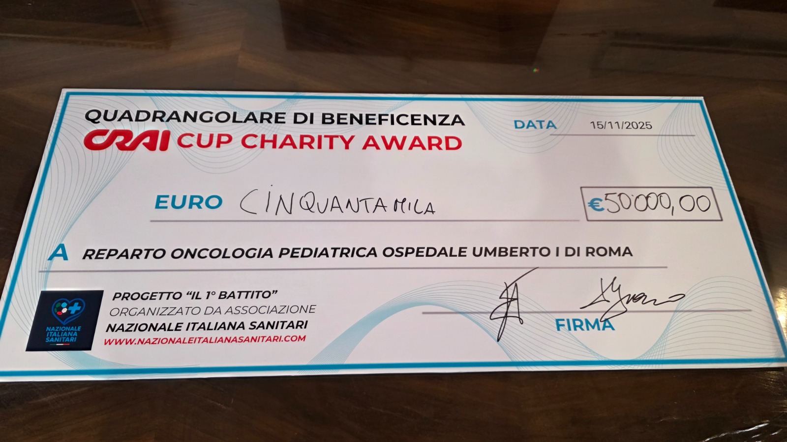 Assegno simbolico da 50.000 euro del CRAI Charity Award per il progetto Il 1° Battito